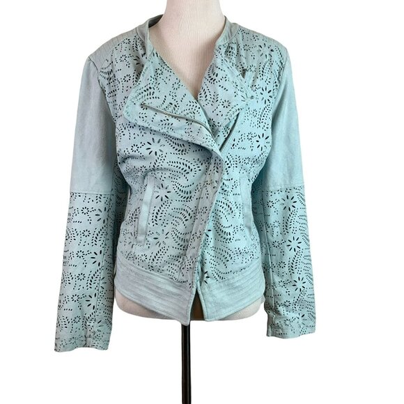 🟣🟣🟣 CHICOS Womens Size 1 Petite Blue Floral Padded Shoulder Zip-Up Sweater - Picture 1 of 9